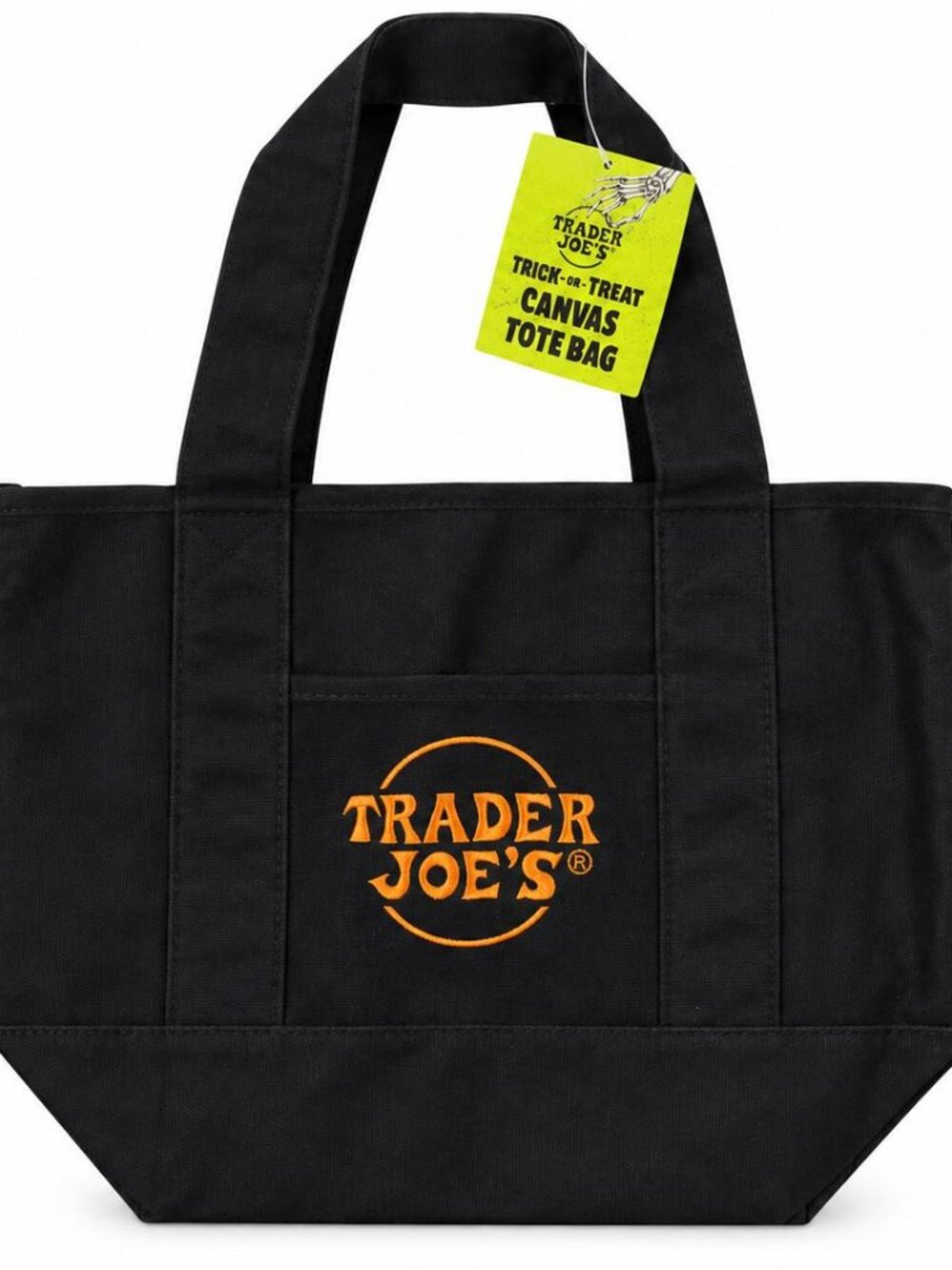Trader Joes Trick or Treat Mini Canvas Tote Bag Black with Orange Embroidery NWT - Picture 6 of 6